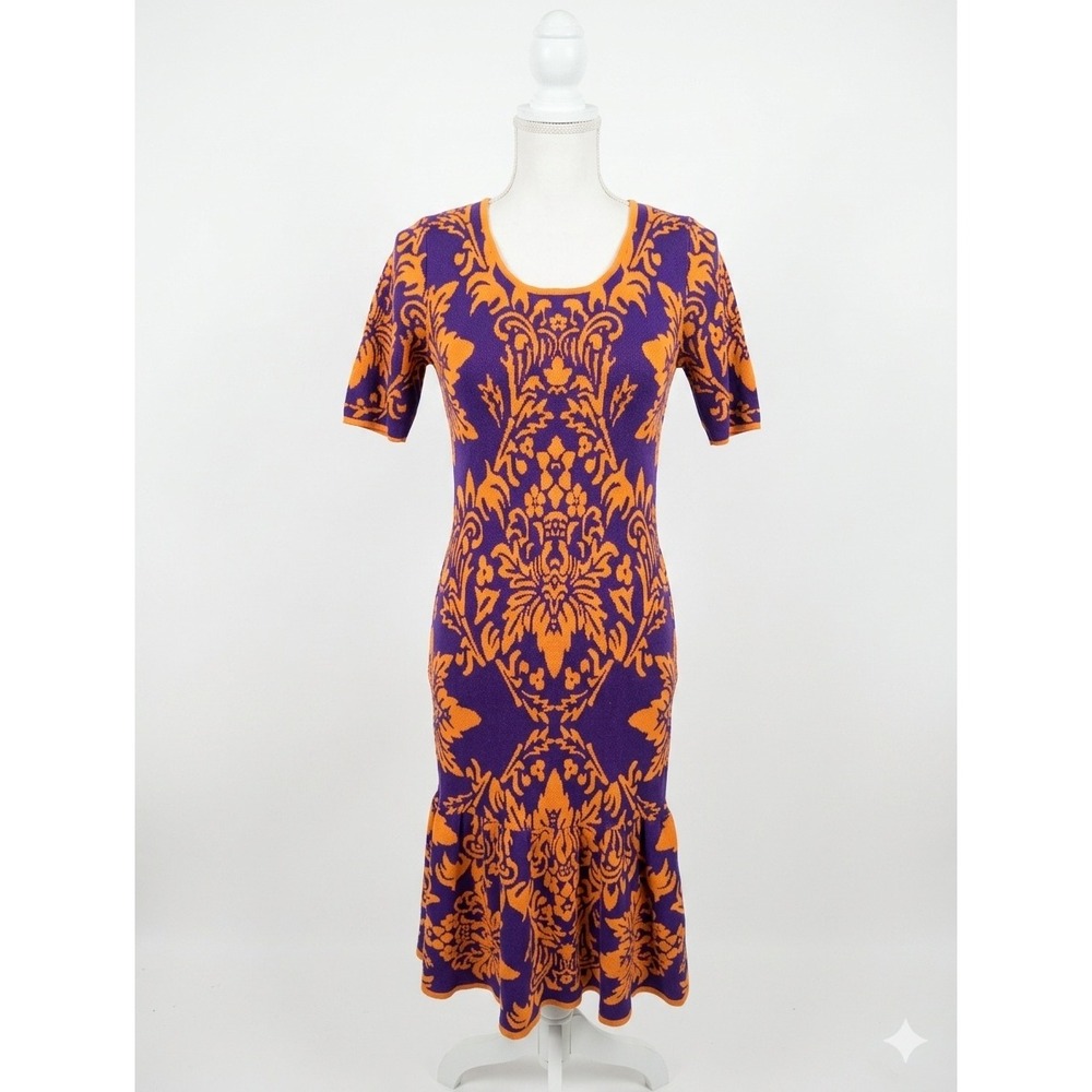 Jealous Tomato‎ Purple Orange Damask Knit Mermaid Midi Dress JSH1547 Womens M
